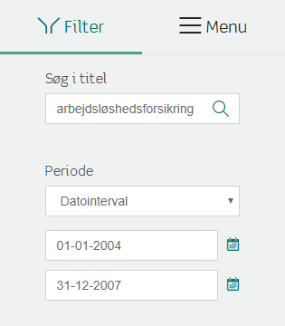 Filtrering arbejdsløshedsforsikring for »Søg i Titel« og  datovalg fra 01-01-2004 til 31-12-2007 i »Periode«